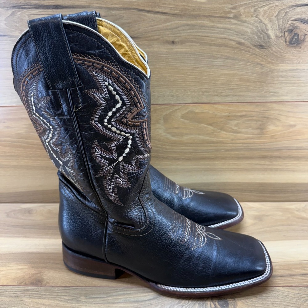 ROUSWEST Cowboy Boots Square Toe Mens 8.5 Black Leather Rodeo‎ Ranch Mexico 26.5